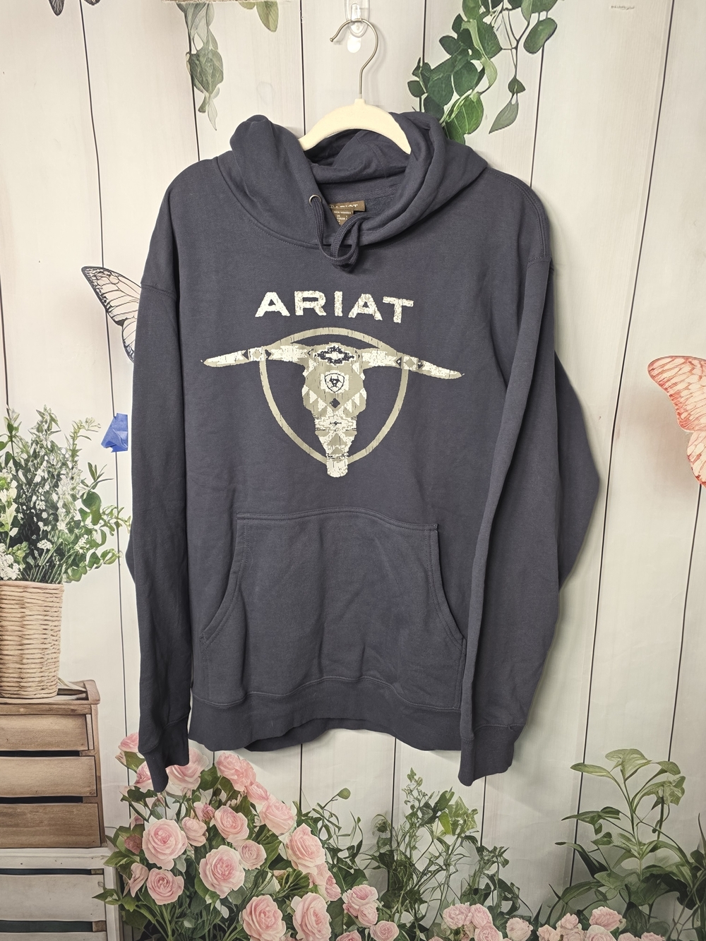 Ariat Dark Charcoal Crewneck Hoodie with Longhorn Graphic